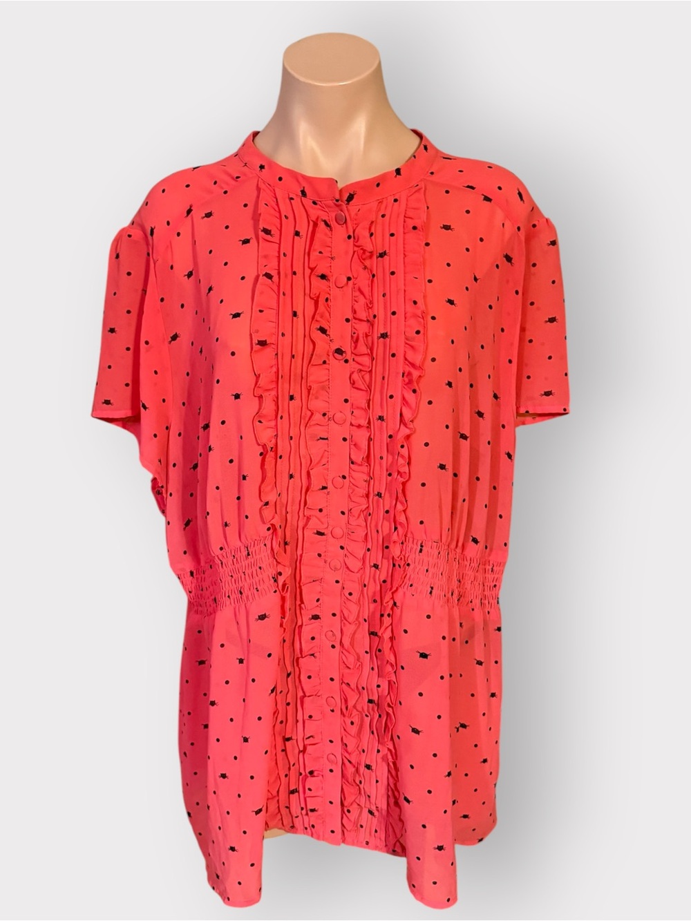 Torrid Women’s 3X Coral Pink Black Cat Polka Dot Button Front Ruffle Blouse Top